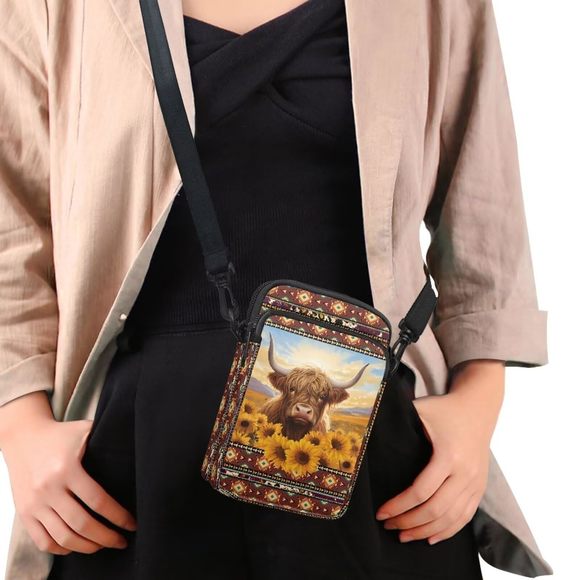 Boho Sunflower Cow Cell Phone Purse Wallet Canvas Small Crossbody Purse Bags c: - Picture 4 of 7